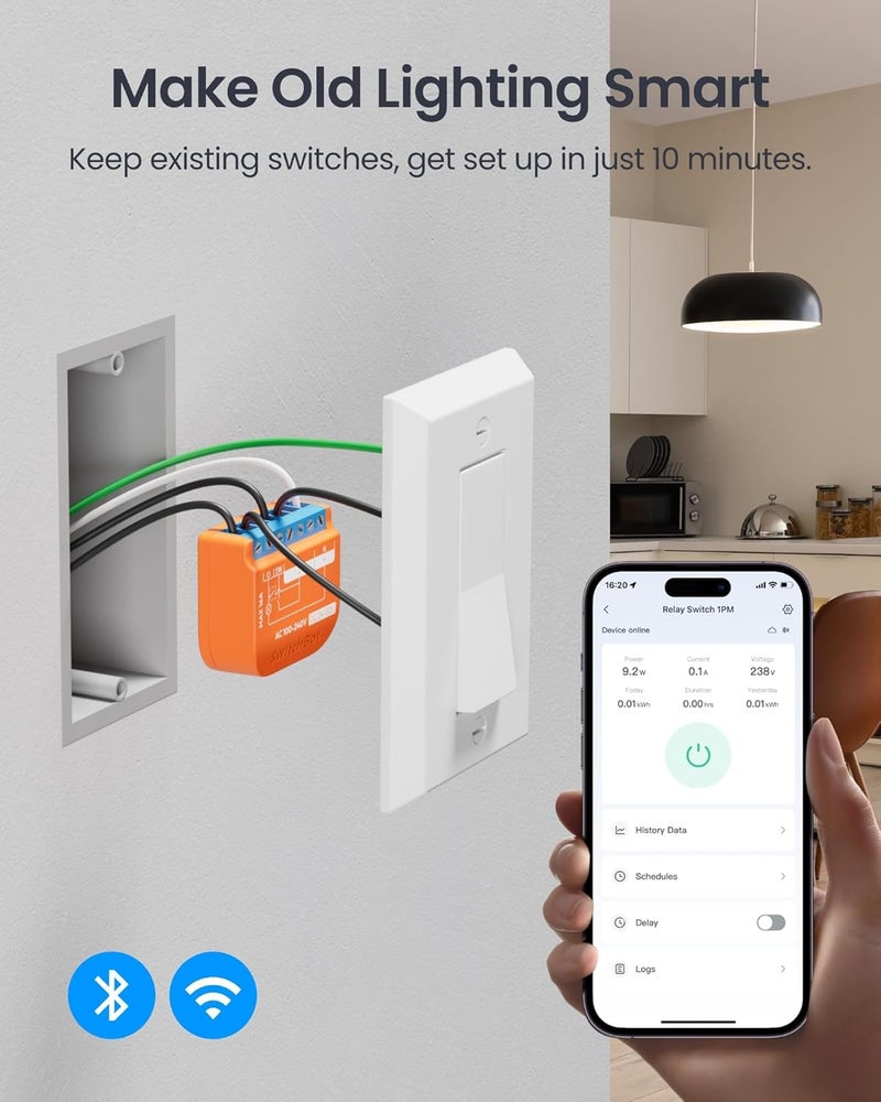 SwitchBot Matte Relay Switch 1PM, WiFi Switch Compatible with Alexa/Apple Home/Google Home, Power-Measuring Relay Switch Module with Integrated Bluetooth Repeater, Bluetooth & WiFi 2.4GHz, 16A - Image 5